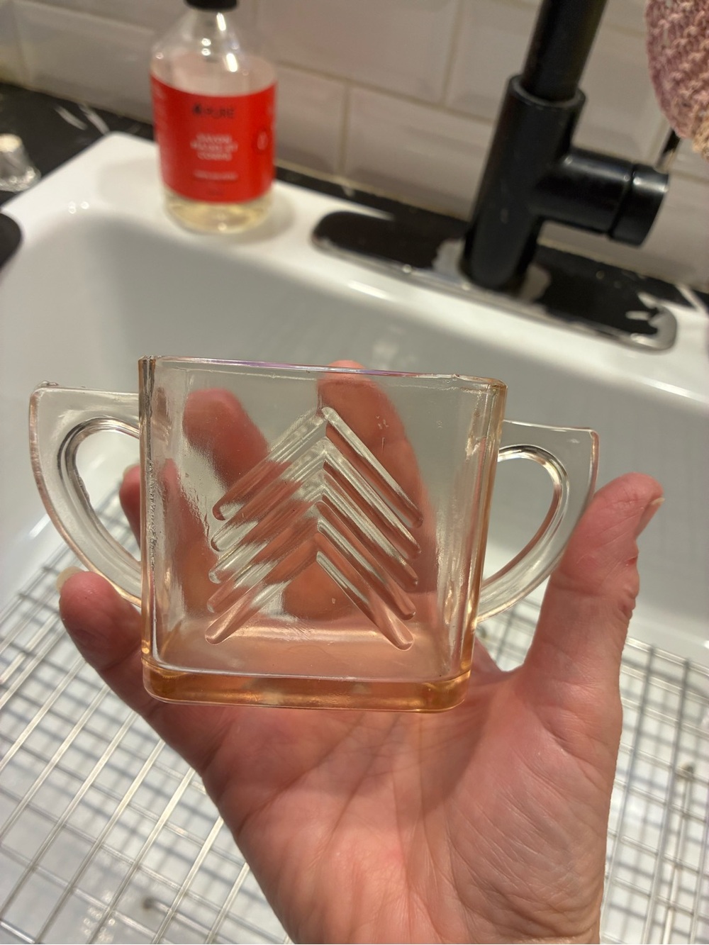 Vintage Hazel-Atlas Chevron Pink Depression Glass Sugar Bowl – Art Deco